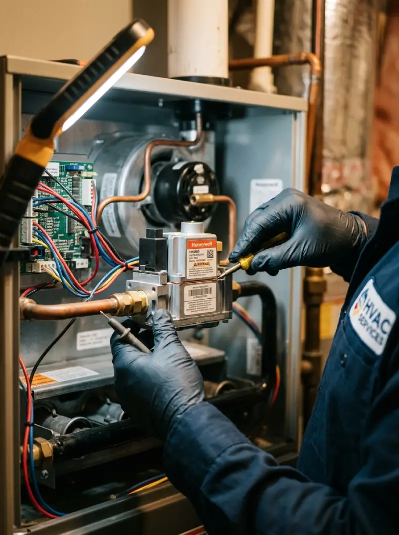 HVAC technician performing annual maintenance on a Fraser Valley home system