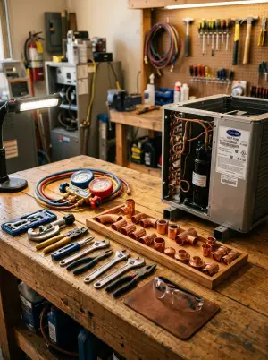 Full Service Heating and Cooling technician working on a heat pump